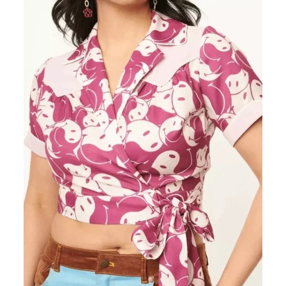 Unique Vintage X Smiley Wrap‎ Crop Top Size M 6/8 Purple Yin Yang